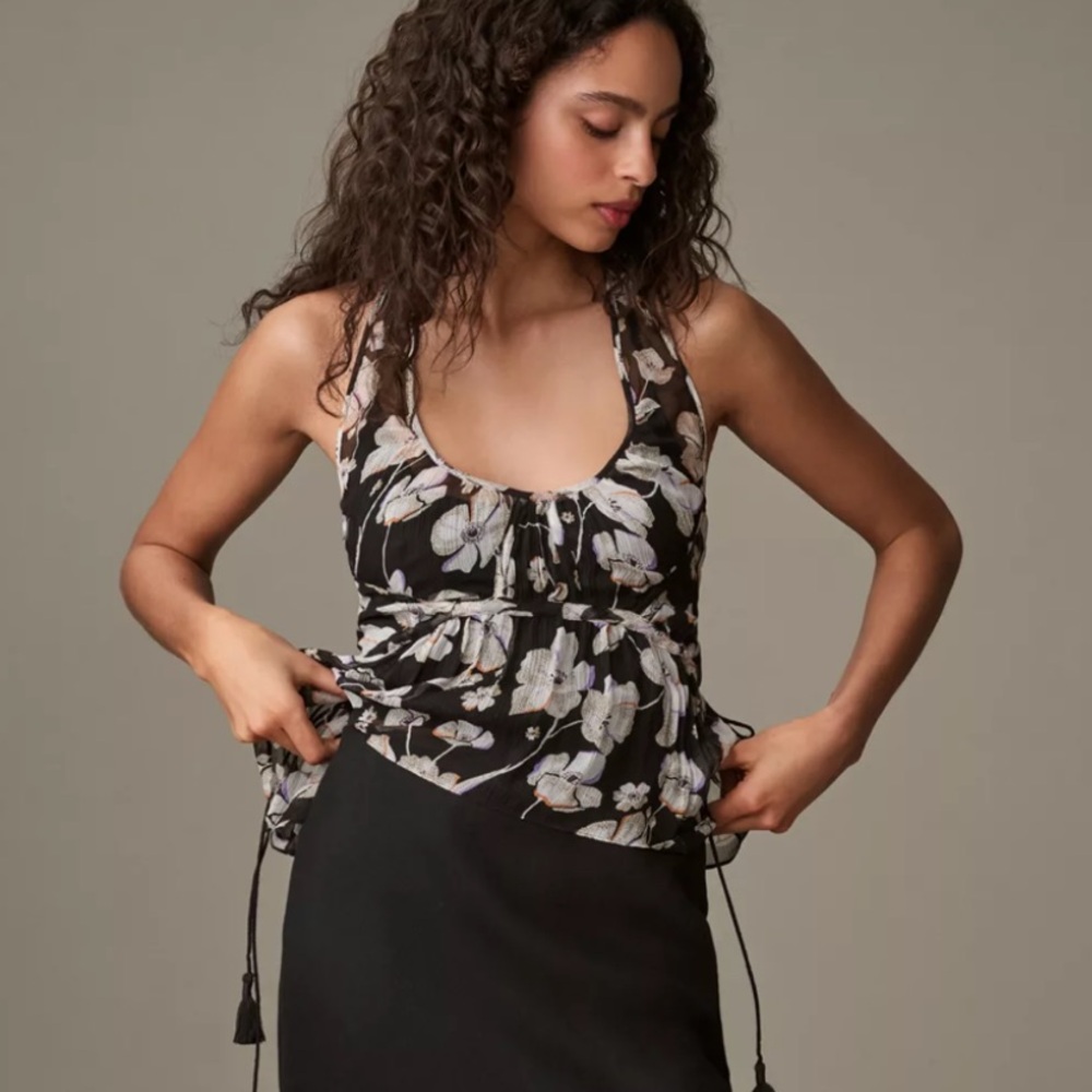 Joie Flo Tassel Black Floral Silk Top NWT Sz Small